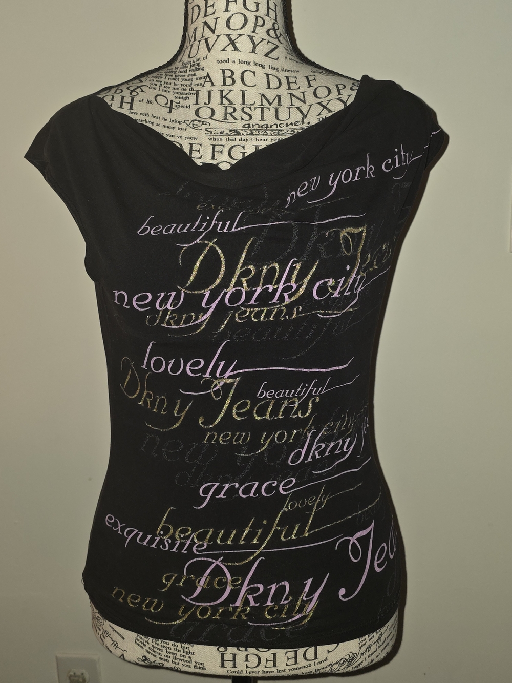 DKNY Black Short-Sleeve Graphic Tee with Gold and Light Pink Script